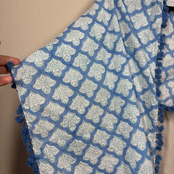 Roberta Roller Rabbit Jemina Pom Pom Scarf Rectangular Blue Floral Cotton - Picture 3 of 6